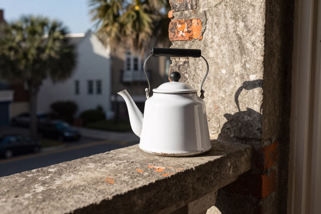 White Enamel Tea Kettle in Charleston in in Charleston, United States