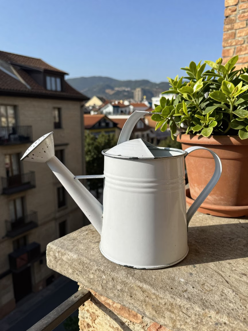 White Enamel Watering Can in Bilbao in in Bilbao, Spain