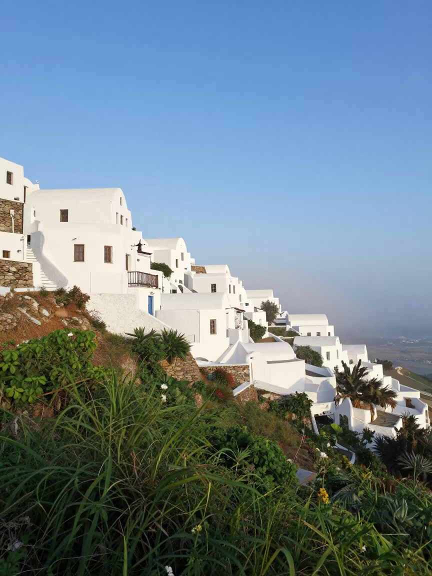 White Greek Village on Misty Hillside Dawn in inside a skylit passageway near Curitiba