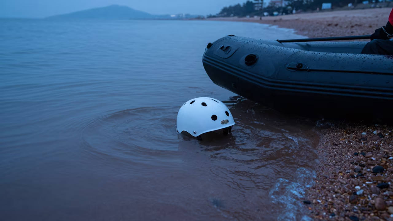 White Helmet Floating in Eddy Water Qingdao in along a beach near Qingdao