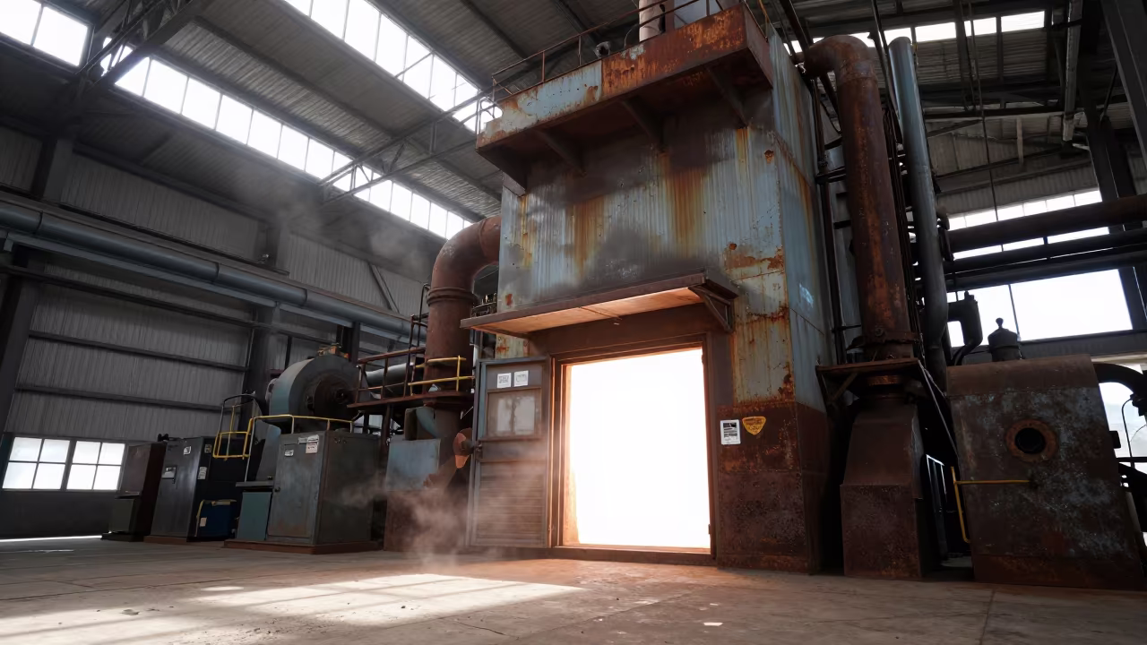 White Hot Furnace Glow in Industrial Turbine Hall in in a turbine hall near Kumasi