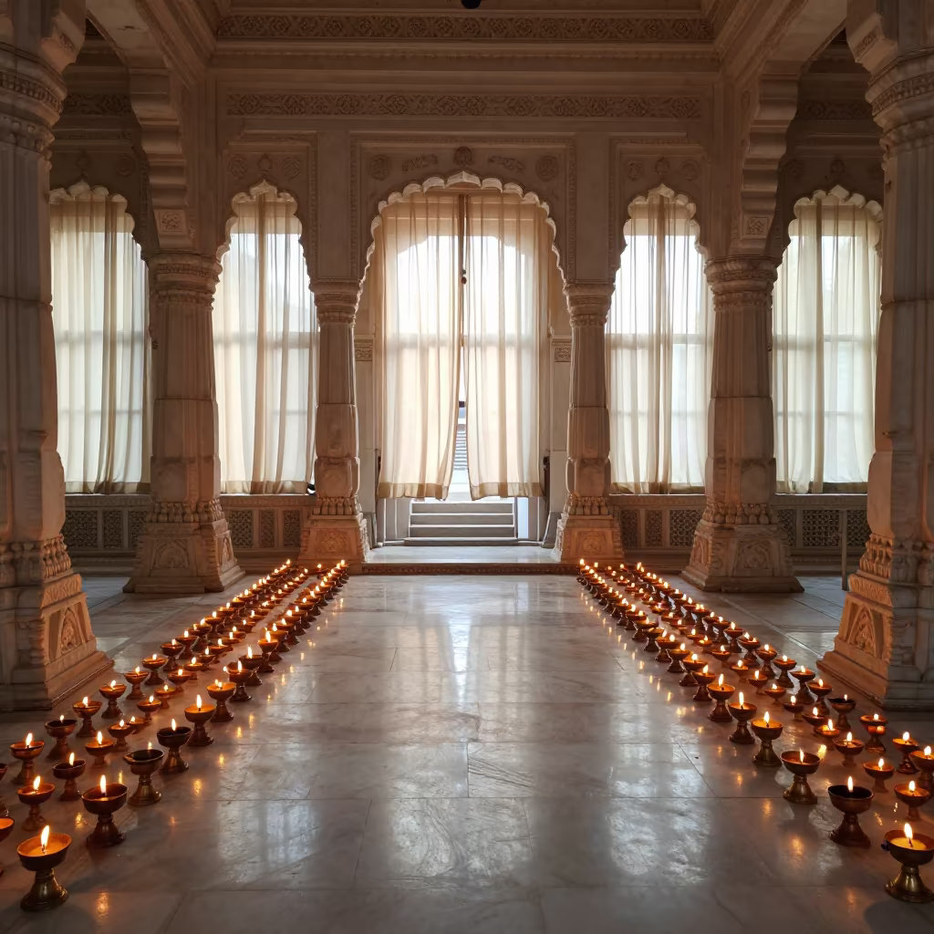 White Marble Jain Temple Nave C-Scheme Jaipur in inside a candlelit nave in C-Scheme, Jaipur