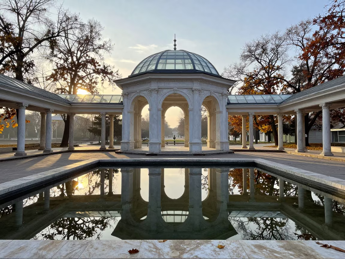 White Marble Pavilion Dawn Light Arcade Novi Sad in inside a glass-roofed arcade in Novi Sad