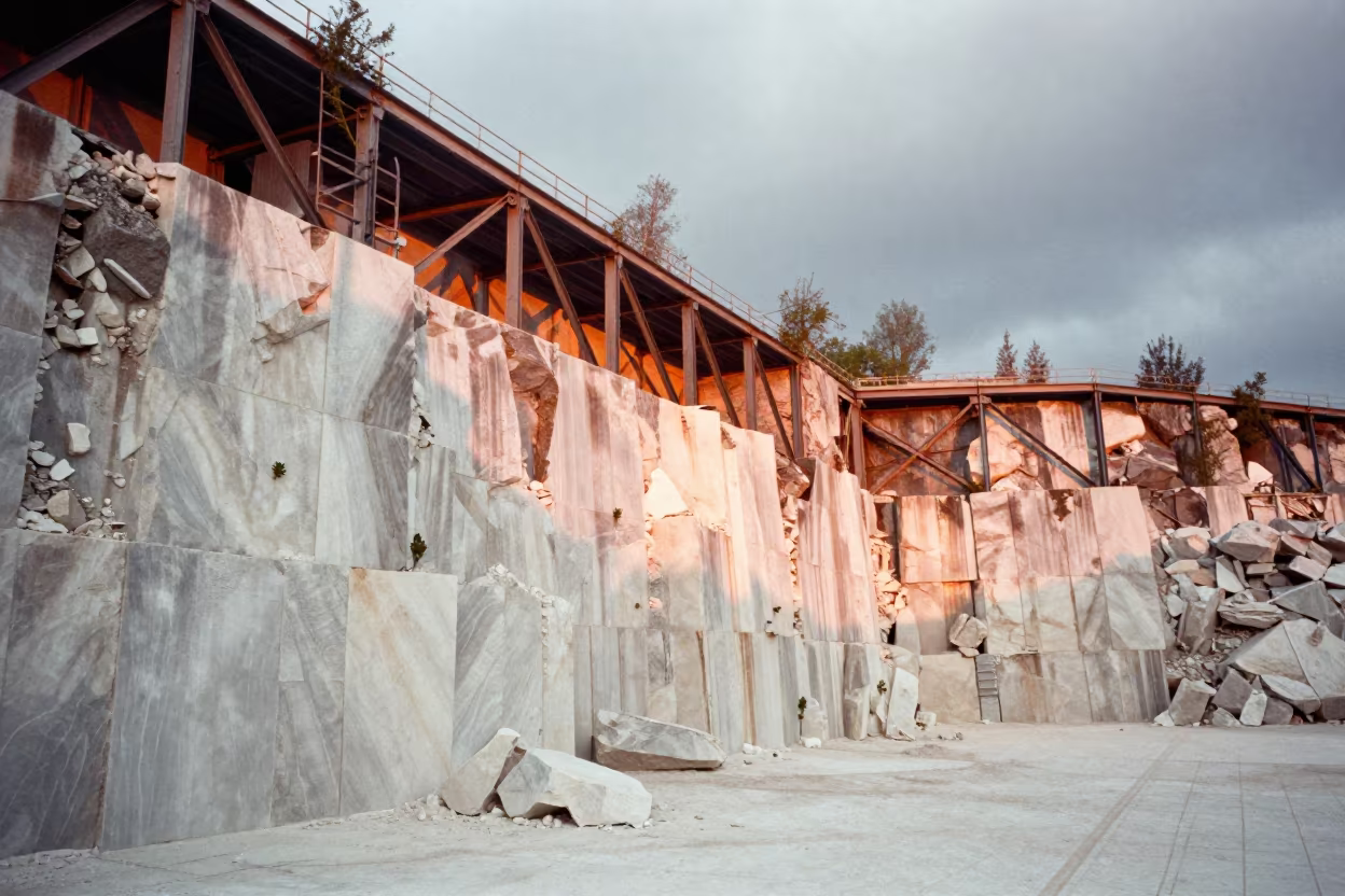 White Marble Quarry Walls in Golden Hour Light in beside exposed structural steel near Brisbane