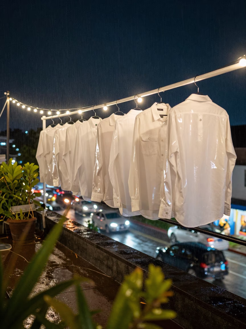 White Menswear Rail Midnight Cali Rooftop in on a rooftop above evening traffic in Cali