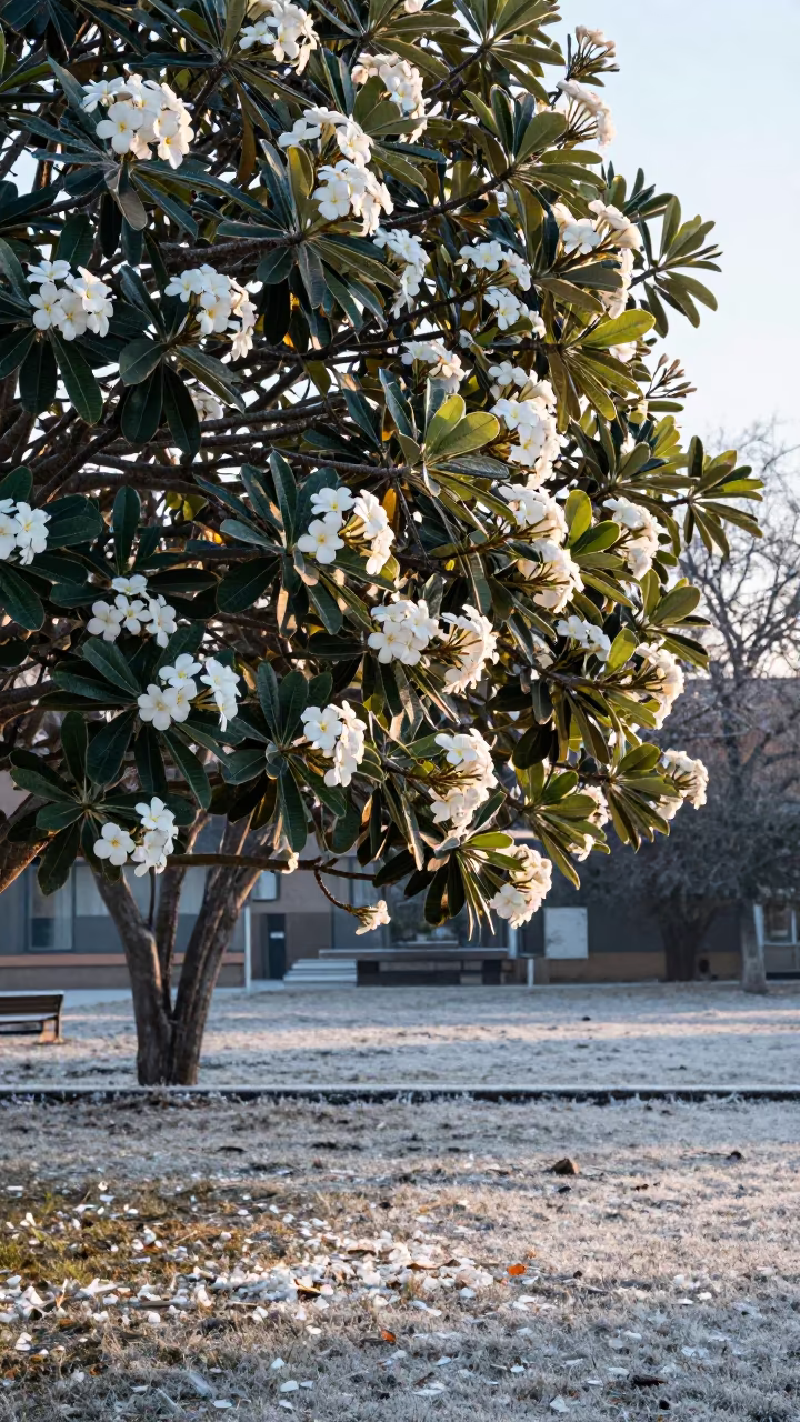 White Plumeria Petals Fall in Cold Dawn Light in near Opole