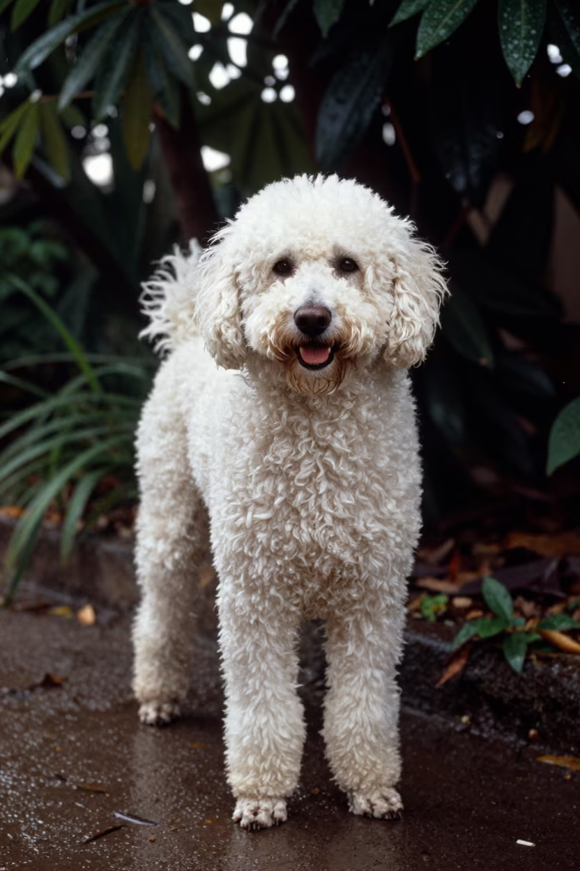 White Poodle Portrait Garden Edge La Paz Monsoon in near a garden edge with soft morning light and an uncluttered background near La Paz