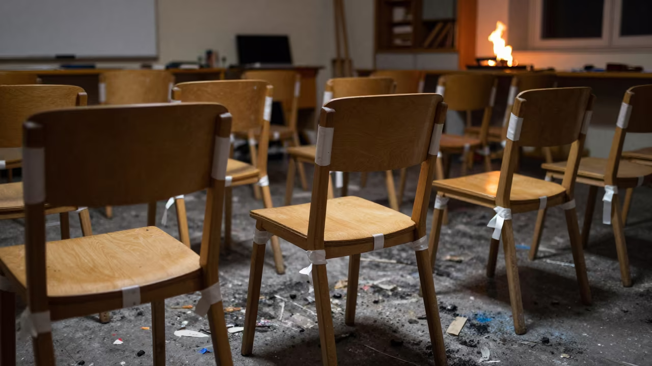 White ribbons on chairs in Brescia classroom night in inside an art classroom in Brescia