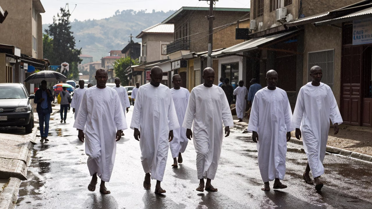 White Robed Timkat Procession in Bole Monsoon Light in at a waterfront celebration in Bole, Addis Ababa
