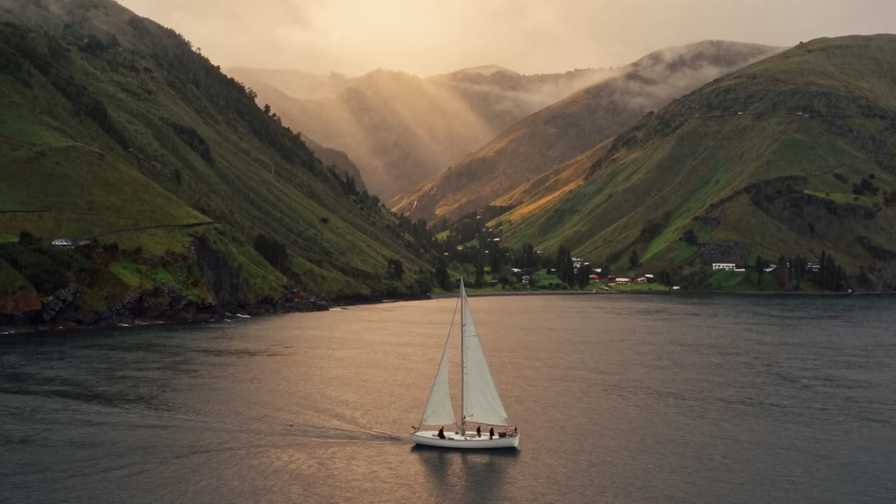 White Sail on Dark Fjord at Dawn in Ecuador in from a ridge above layered foothills in Ecuador