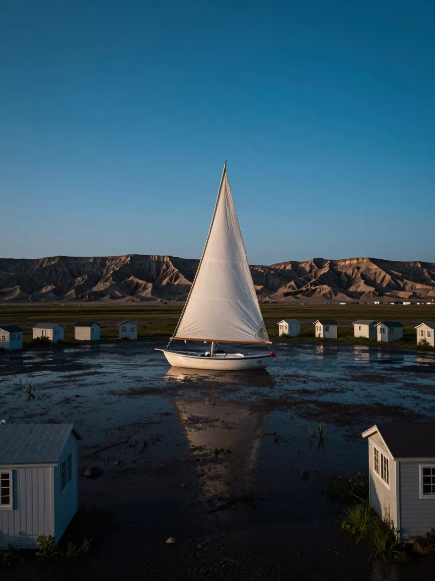 White Sail Over Floodplain Blue Hour Medina in across a floodplain after rain near Medina