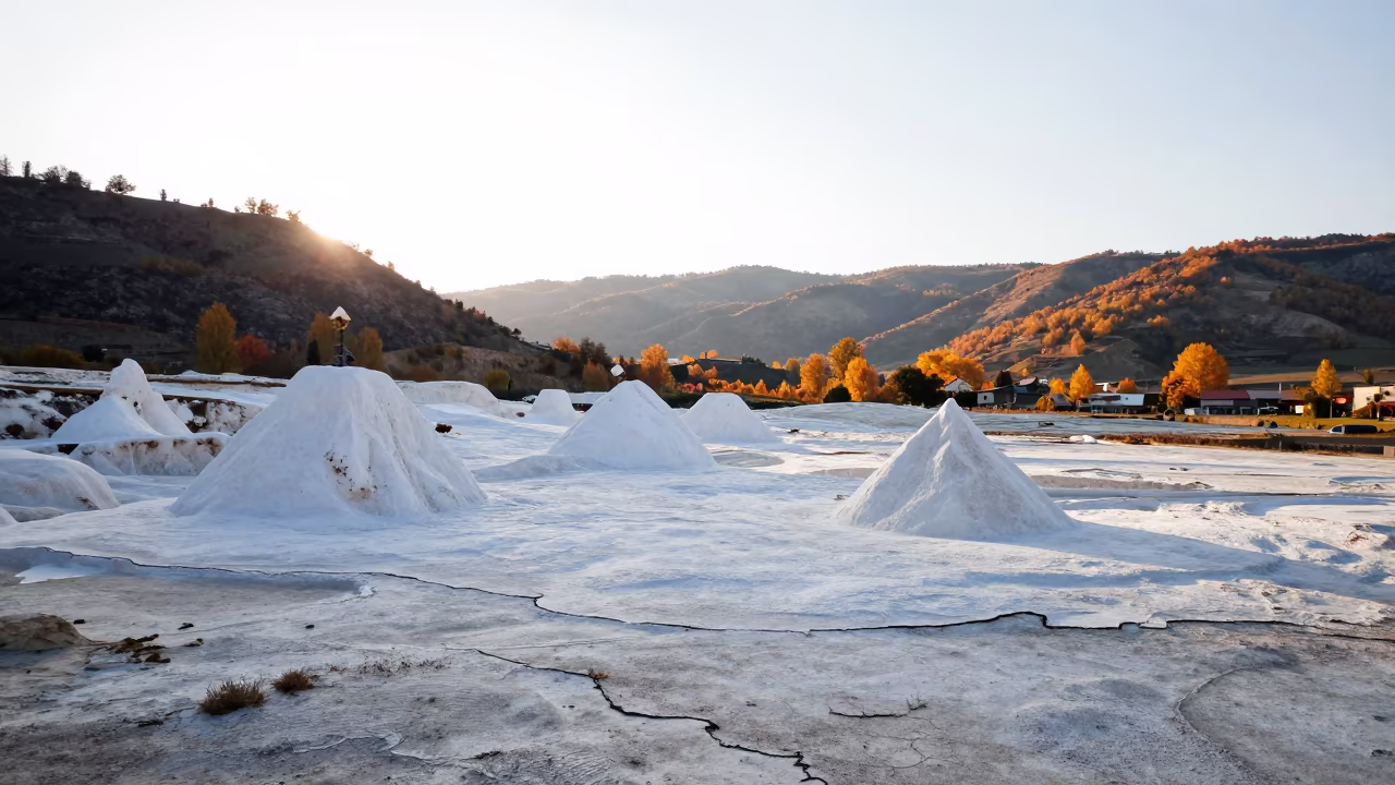 White Salt Pillars Silhouetted Over Naples Valley in across a wide valley floor near Naples