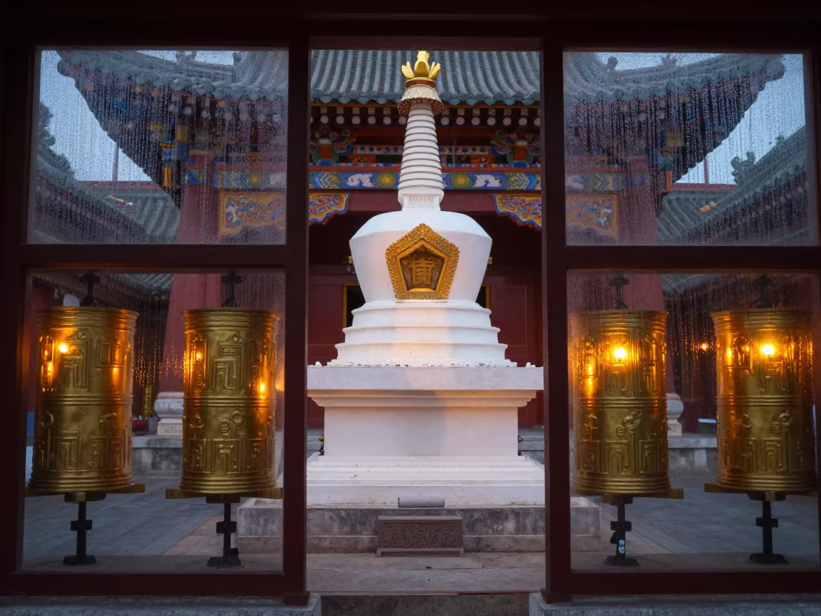 White Stupa with Prayer Wheels in Xian Candlelit Nave in inside a candlelit nave in Xian