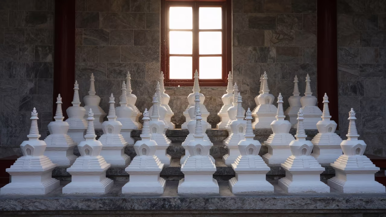 White Stupas on Hillside Altar in Mandalay in at the foot of a stone altar in Mandalay