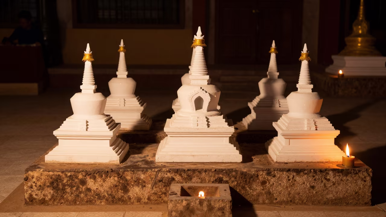 White Stupas on Hillside at Mandalay Midnight in at the foot of a stone altar in Mandalay