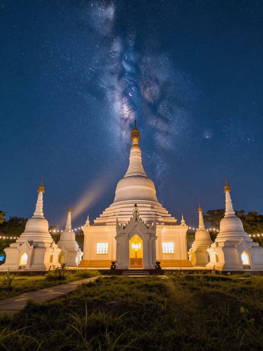 White Stupas Under Milky Way Daylight in inside a candlelit nave in Yangon