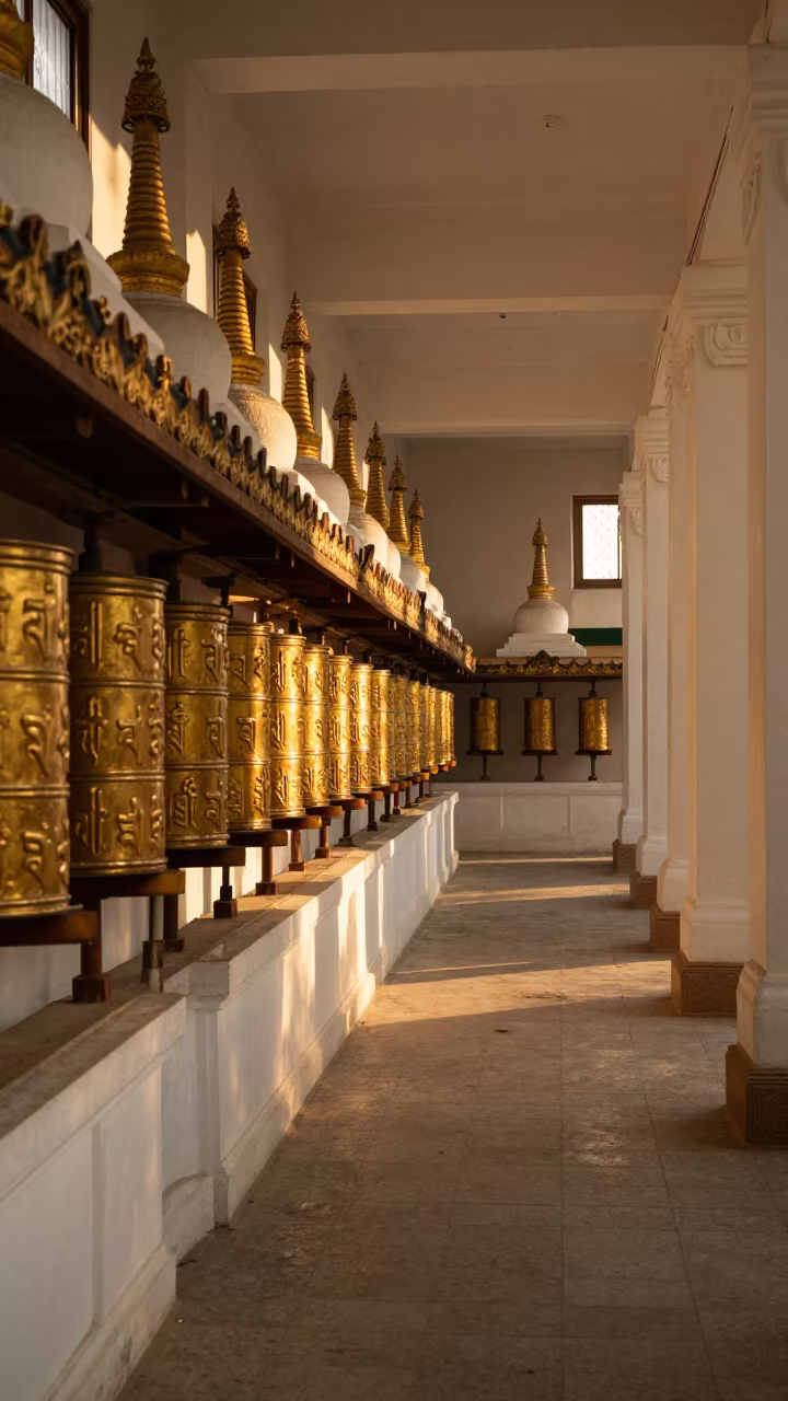 White Stupas Along Prayer Wheel Corridor in Mandalay in beside a prayer wheel corridor in Mandalay