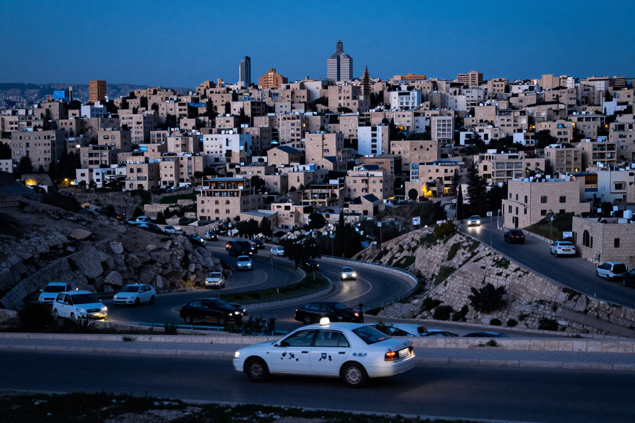 White Taxi in Amman at The Last Blue Light Of Evening in in Amman, Jordan