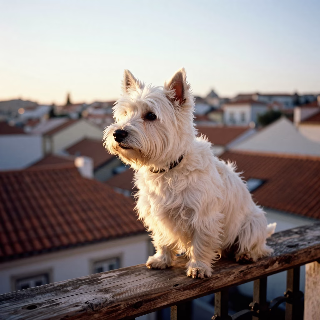 White Terrier at Golden Hour in Lisbon in in Lisbon, Portugal
