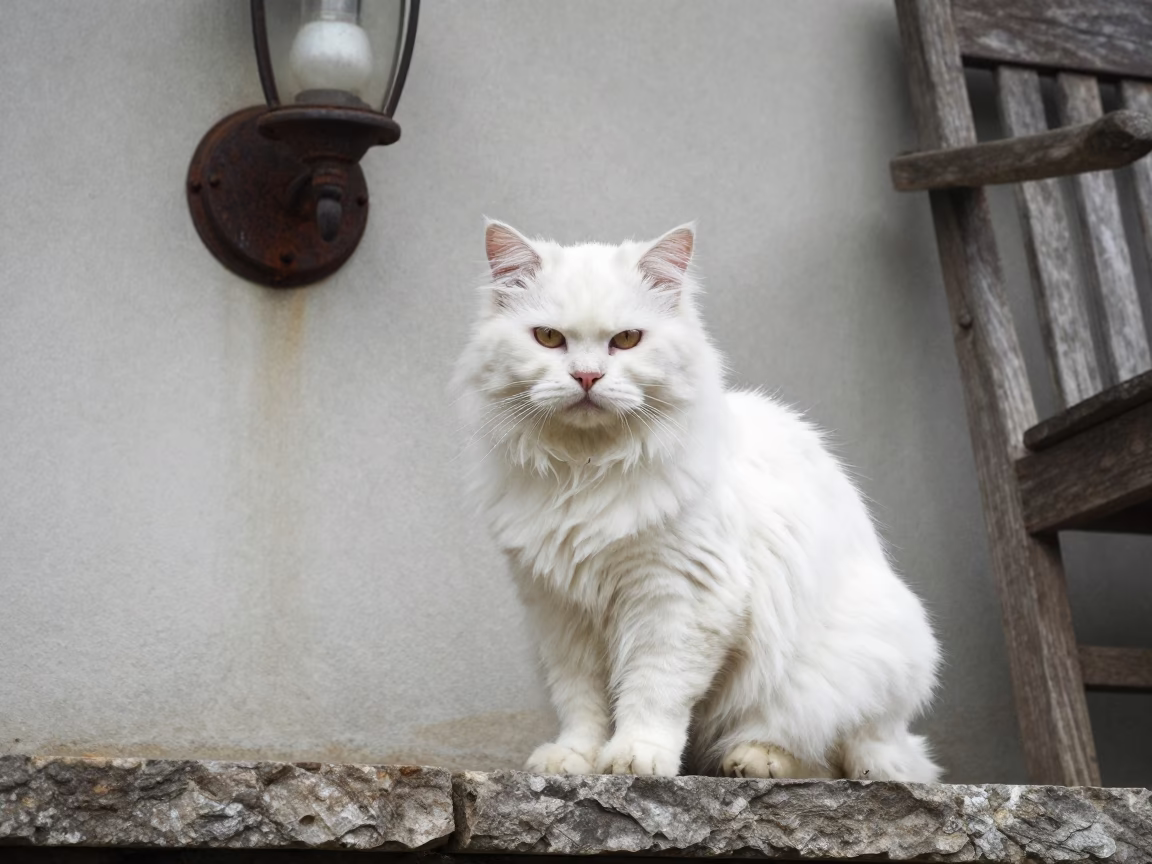 White Turkish Angora Cat by Capitol Hill Courtyard Wall in beside a plain courtyard wall in clear daylight with the animal at eye level near Capitol Hill, Washington DC