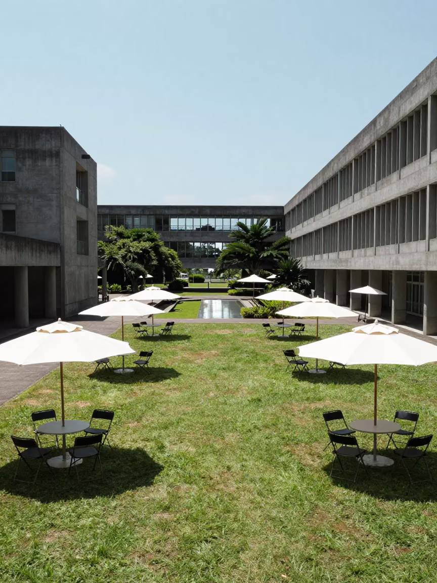 White Umbrellas and Chairs on Graduation Lawn in on a graduation lawn under folding chairs near Naha