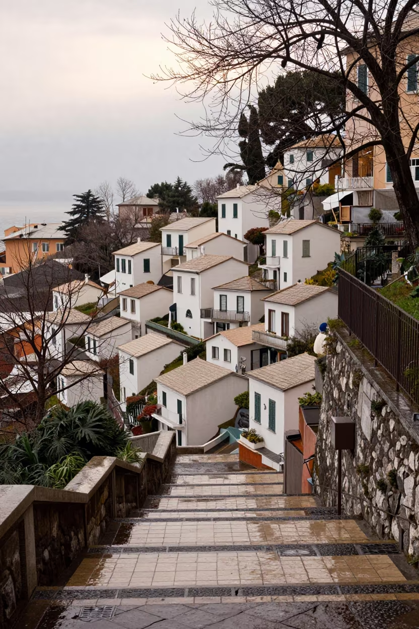White Village Cascading Greek Hillside Stair Hall in inside a tiled stair hall near Genoa