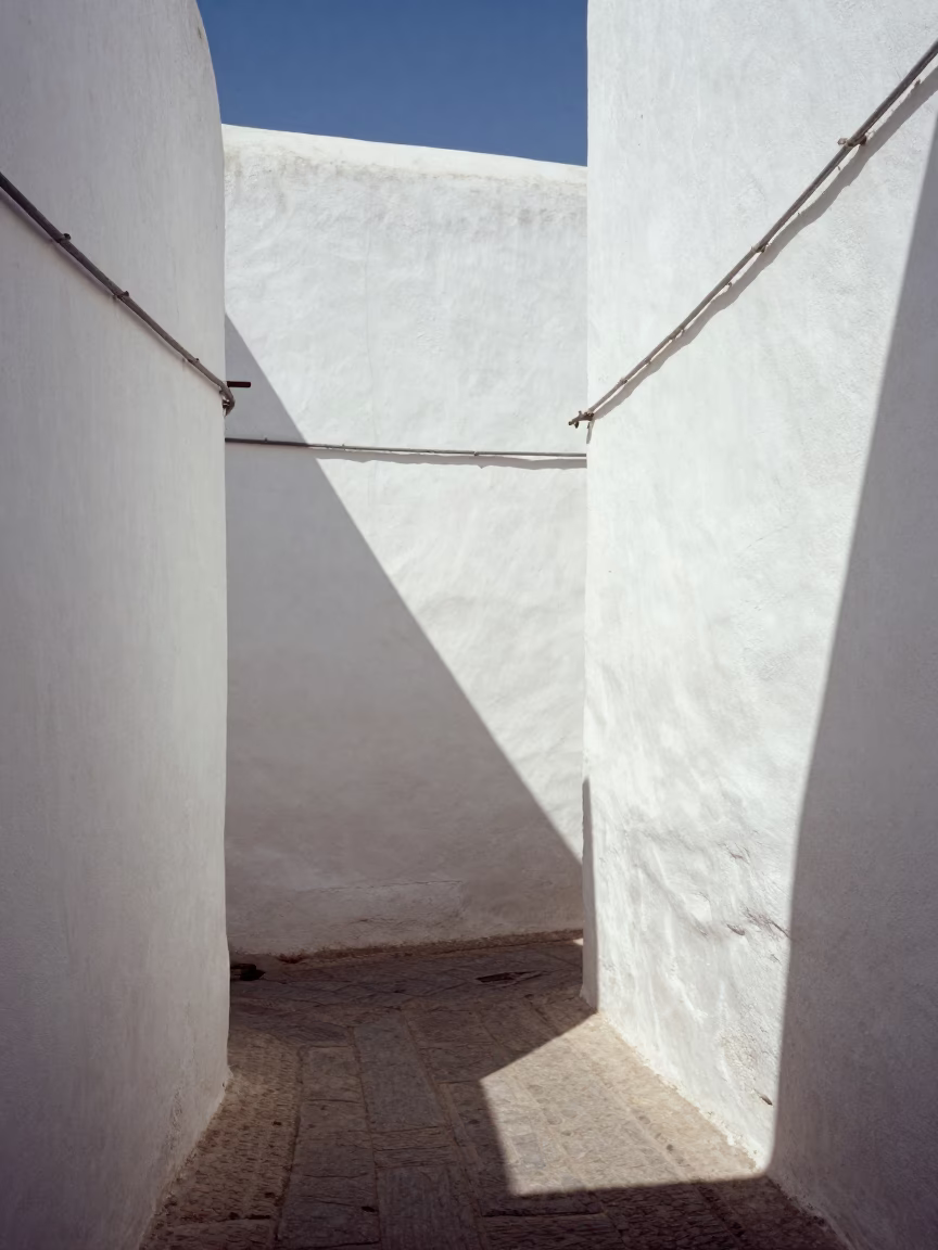 White Walls in Essaouira at The Flat Glare Of Noon Light in in Essaouira, Morocco