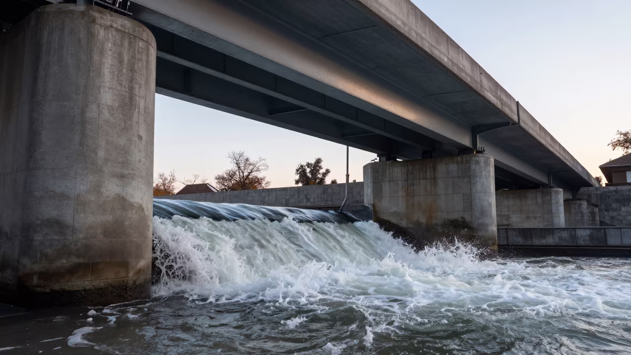 White Water Rushing From Storm Drain Under Viaduct Dawn in under a viaduct of steel and concrete in Kashmir