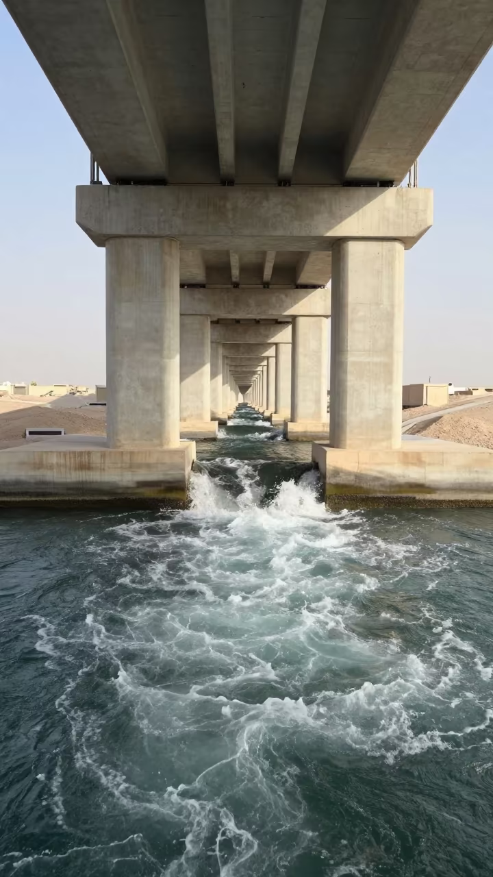 White Water Rushing Through UAE Storm Drain in beside a bridge pier above moving water in United Arab Emirates