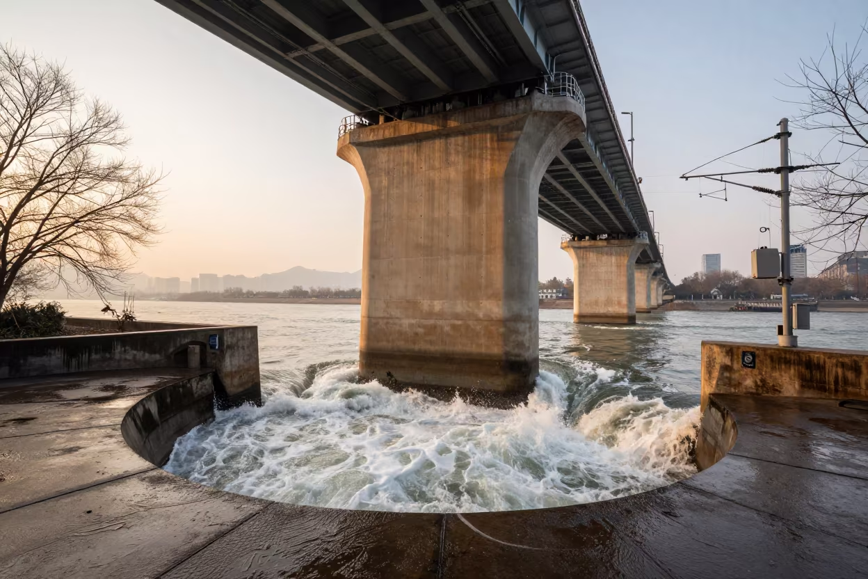 White Water Spilling from Storm Drain Under Hangzhou Viaduct in beside a bridge pier above moving water near Hangzhou