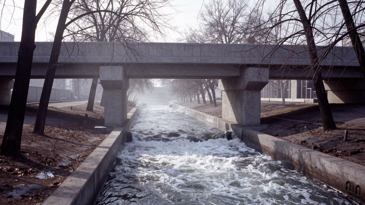 White Water Storm Drain Under Ulaanbaatar Viaduct in along a bridge maintenance walkway in Ulaanbaatar