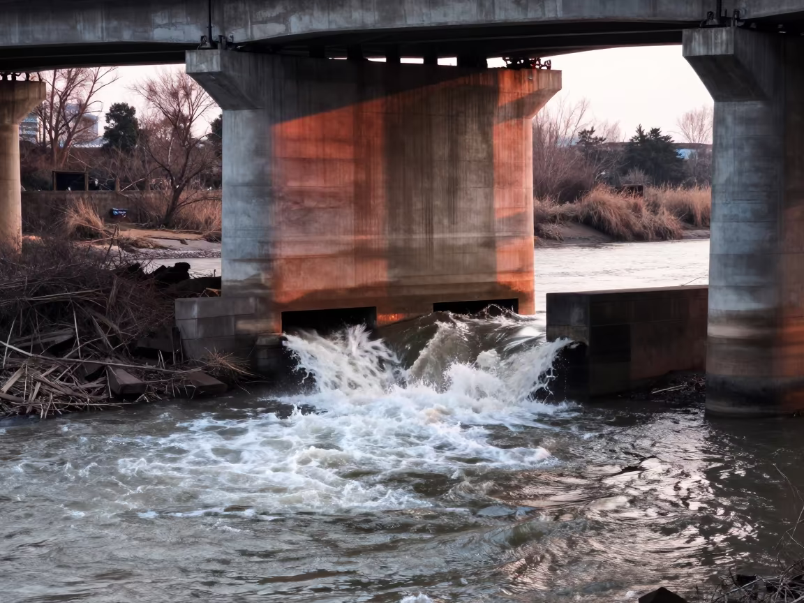 White Water Storm Drain Viaduct Zhejiang in beside a bridge pier above moving water in Zhejiang