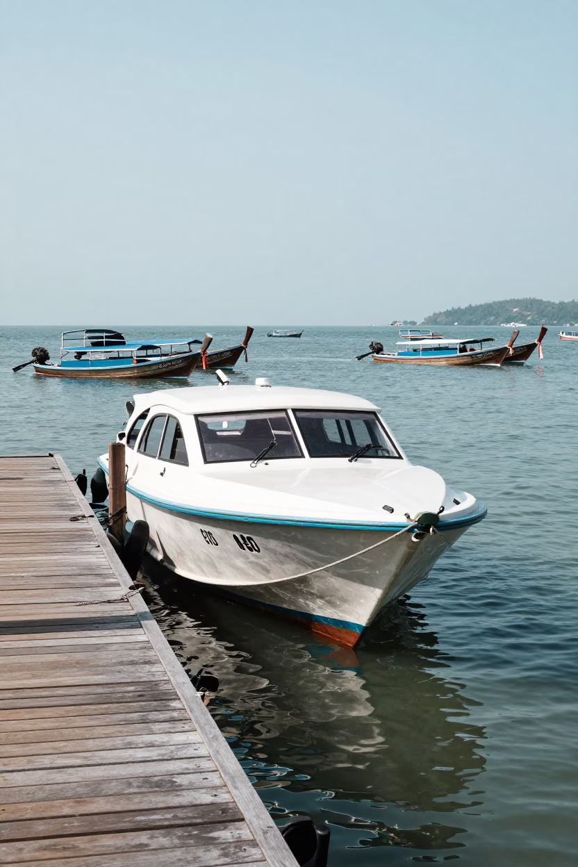 White Water Taxi Docked at Longtail Pier in Phuket Thailand Midmorning Sunlight in in Phuket, Thailand