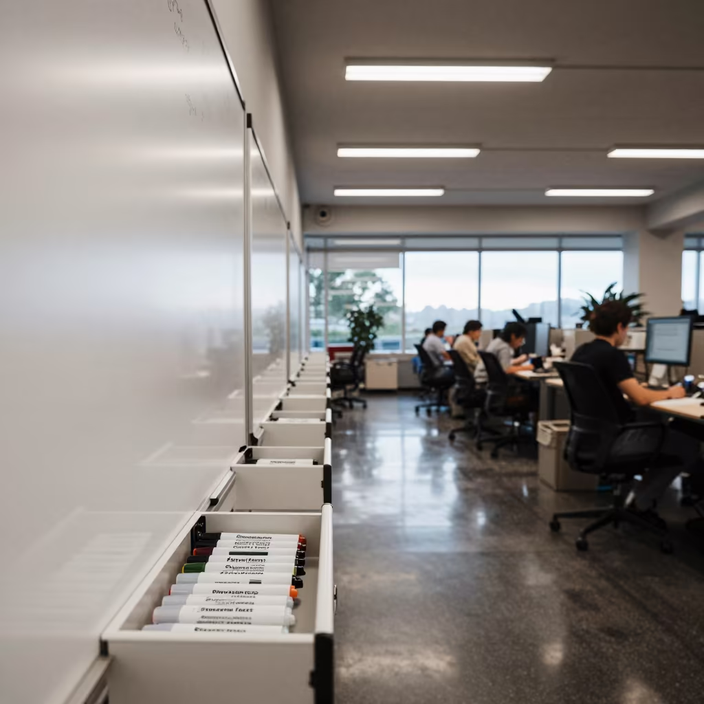 Whiteboard Marker Drawer in Office Before Dawn in inside an open-plan office bay near Providence
