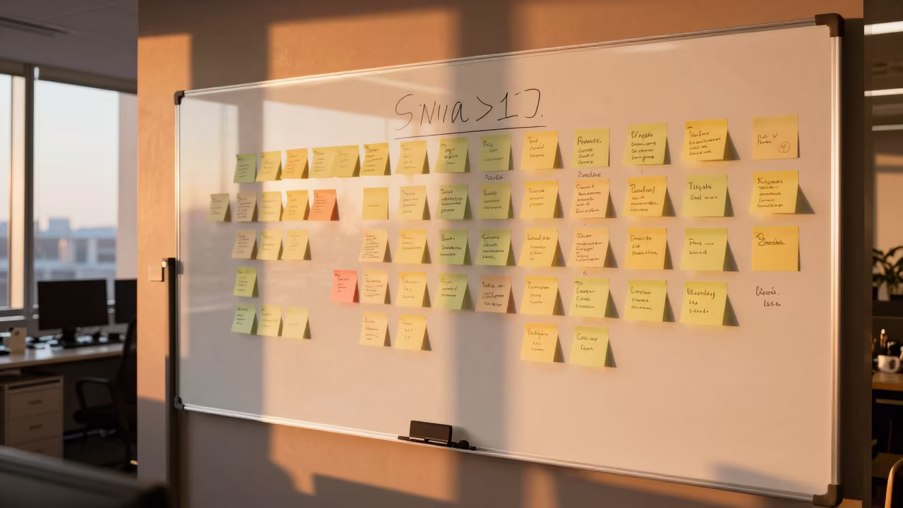 Whiteboard Wall Deadlines Amber Light Before Dusk in inside an open-plan office bay near Wuhan