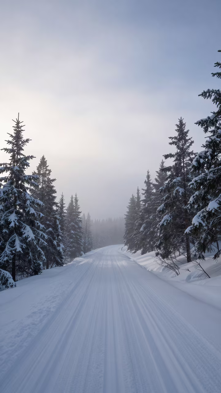 Whiteout Blizzard on Finnish Mountain Trail in beneath fast-moving cloud bands in Finland