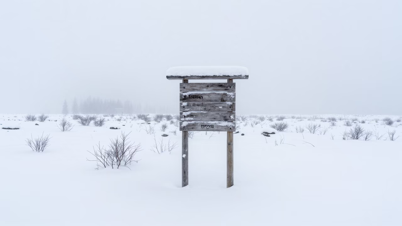Whiteout Blizzard Hides Trail Marker Siberia in through low marine fog in Siberia