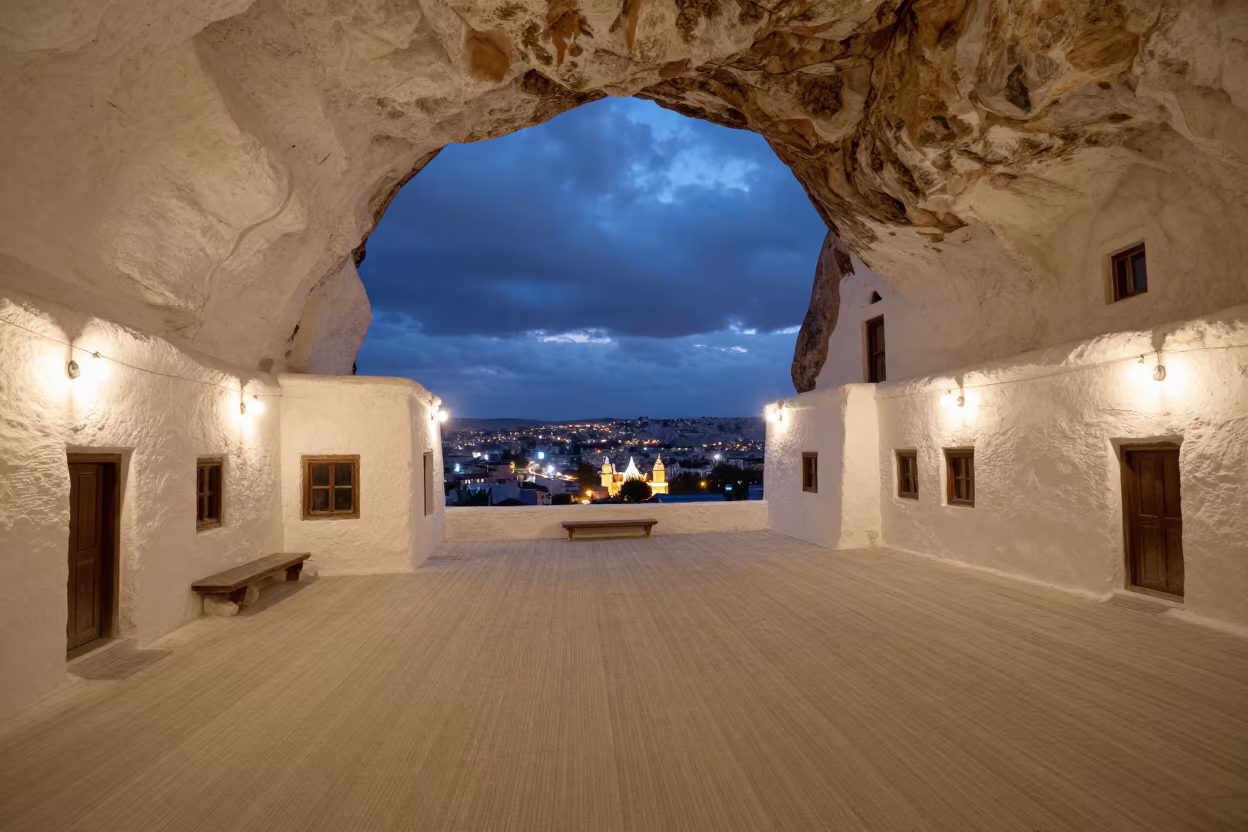 Whitewashed Cave House Lobby in Cappadocia at Dusk in inside a ribbed concrete lobby in Nevşehir