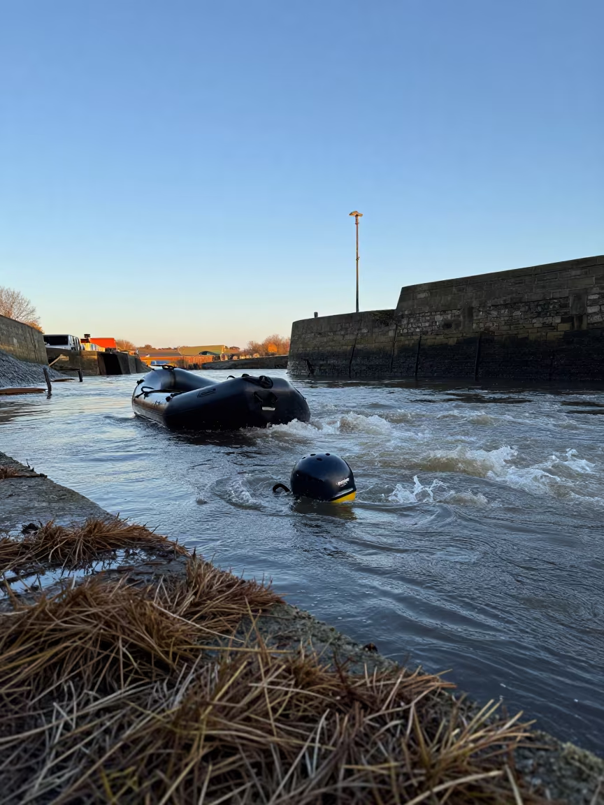 Whitewater Rafter Helmet Floating in Harbor Eddy in at a harbor quay near Wolverhampton
