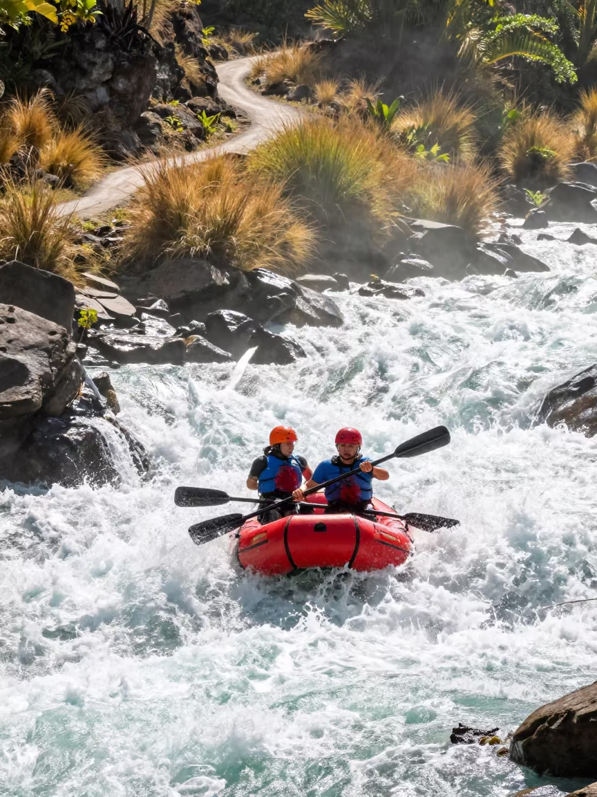 Whitewater Rafter in Class V Rapid Noon Light in on a mountain path near Bobo-Dioulasso