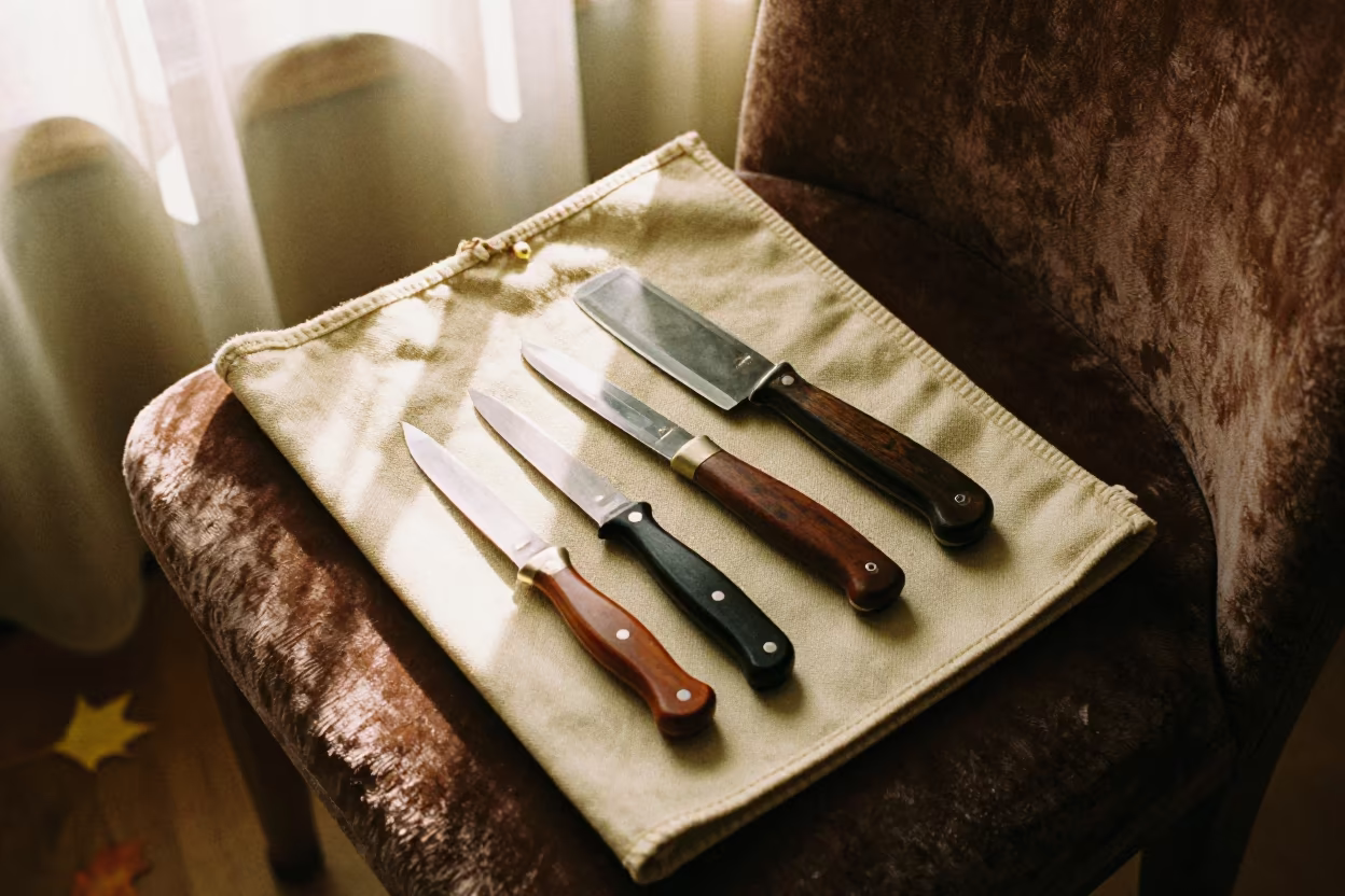 Whittling Knives Canvas Roll Hobart Dawn in on a velvet chair in Hobart