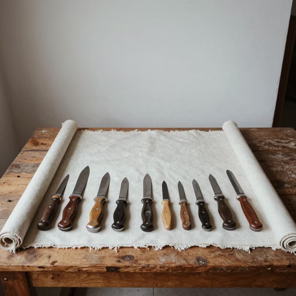 Whittling Knives Canvas Roll Library Table in on a dusty library table in Tlemcen