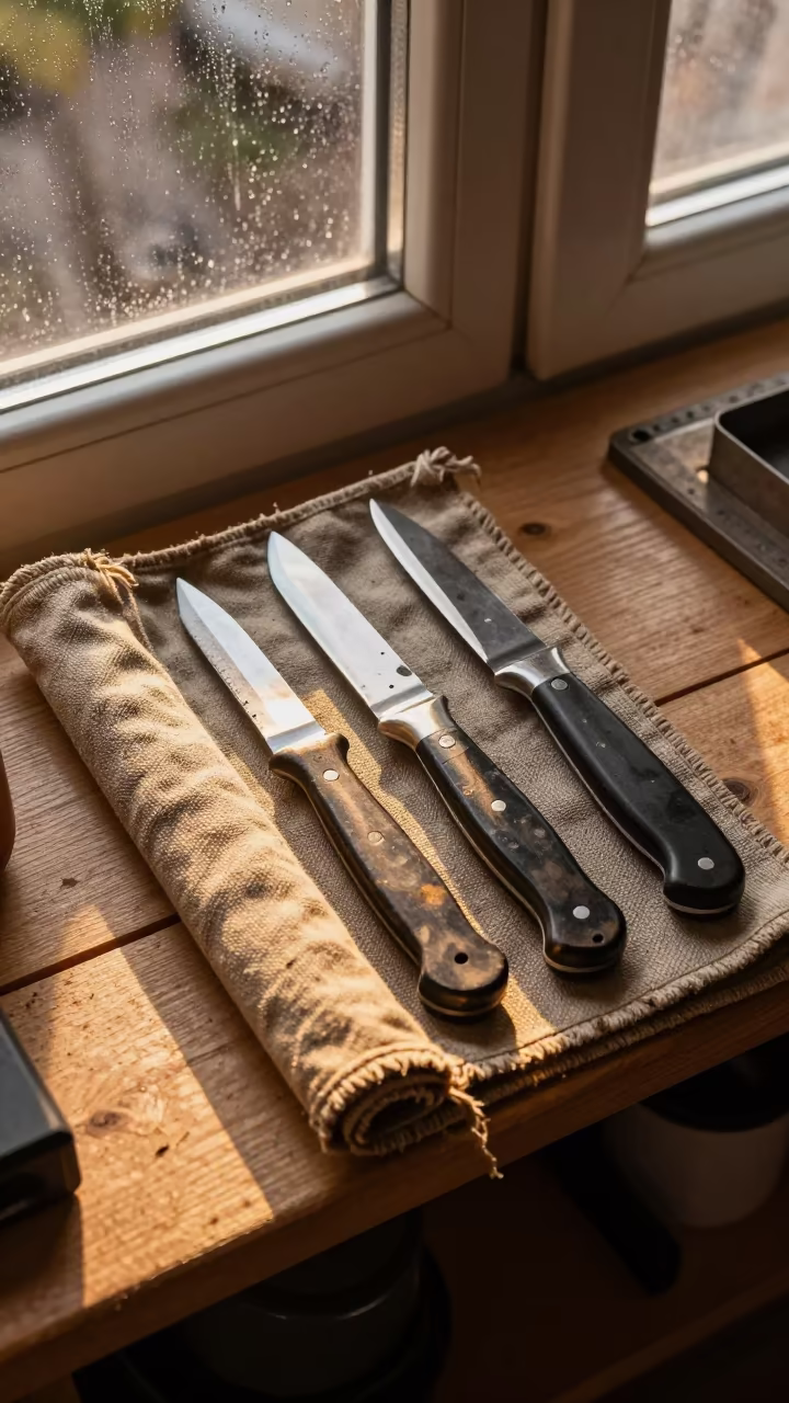 Whittling Knives on Canvas Roll Sunset Light in on a workshop shelf in Tampere