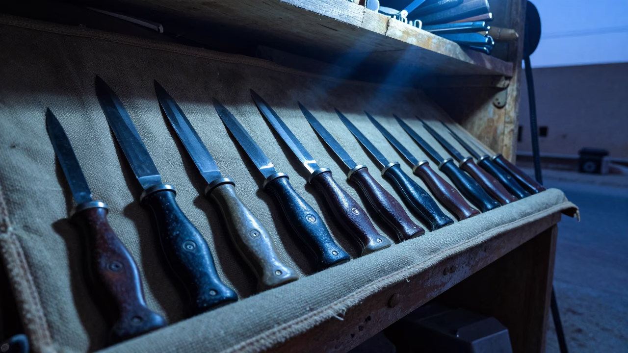 Whittling Knives Canvas Roll Workshop Shelf Riyadh in on a workshop shelf near Riyadh