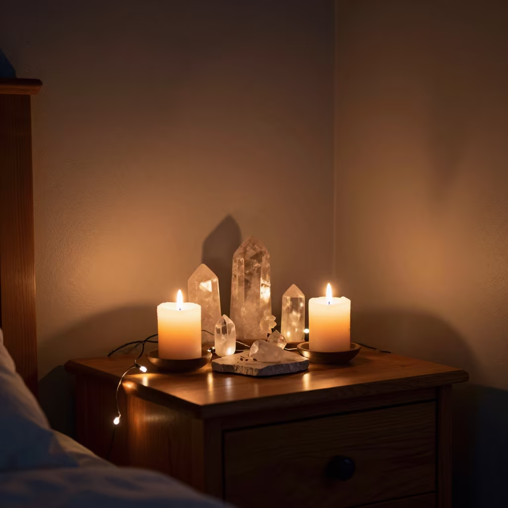 Wiccan Altar Candles Crystals Night Hollywood Bedroom in on a bedside table in Hollywood, Los Angeles