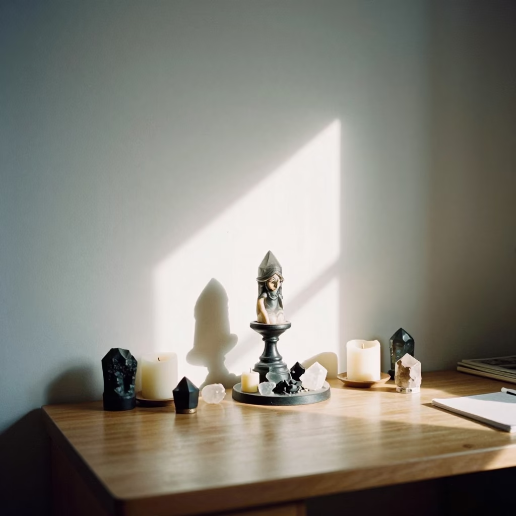 Wiccan Altar Crystals Candles Noon Light in on a writing desk near Kunming