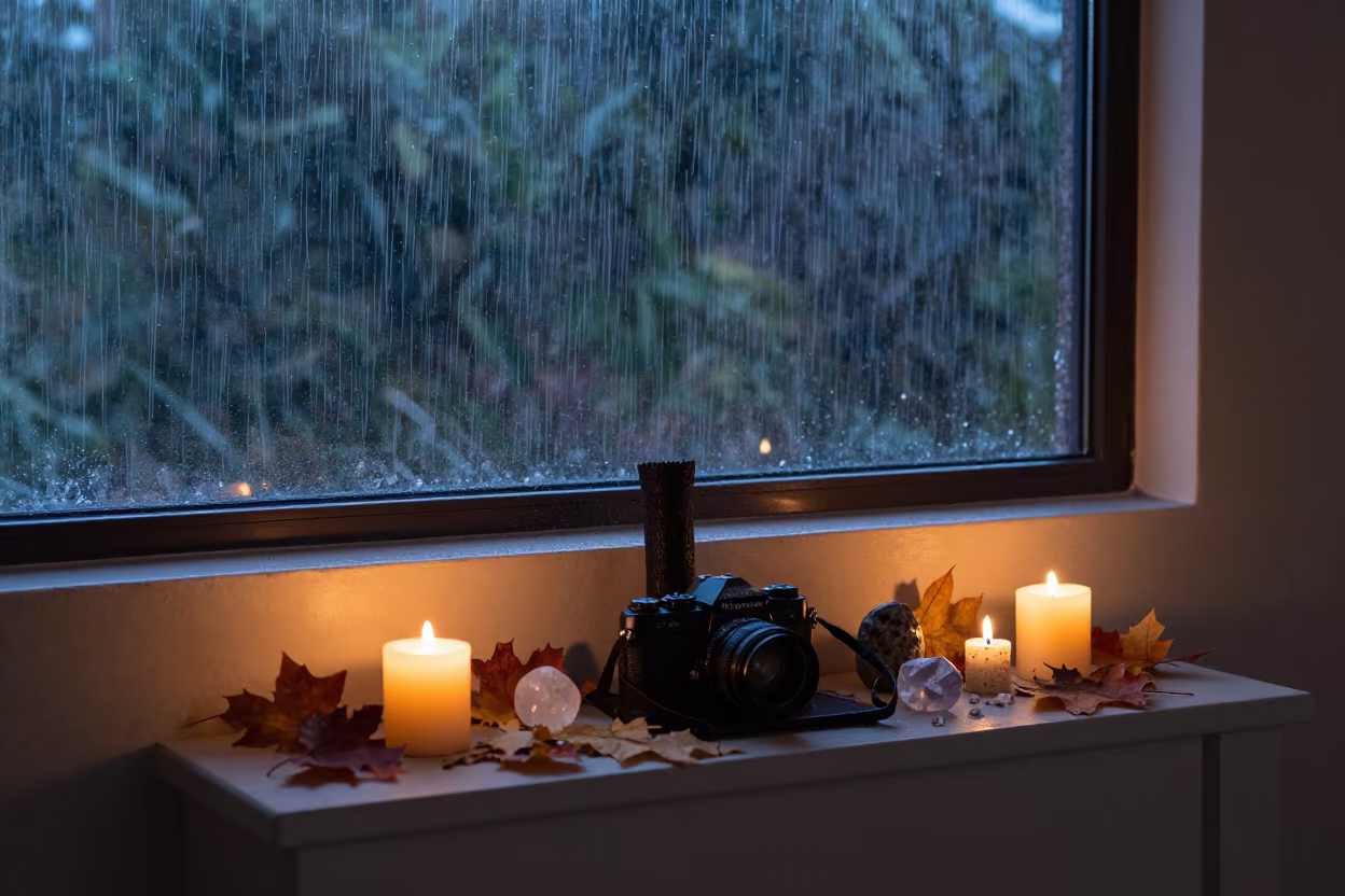 Wiccan Altar Upward Rain Ningbo Autumn in on a painted display ledge in Ningbo