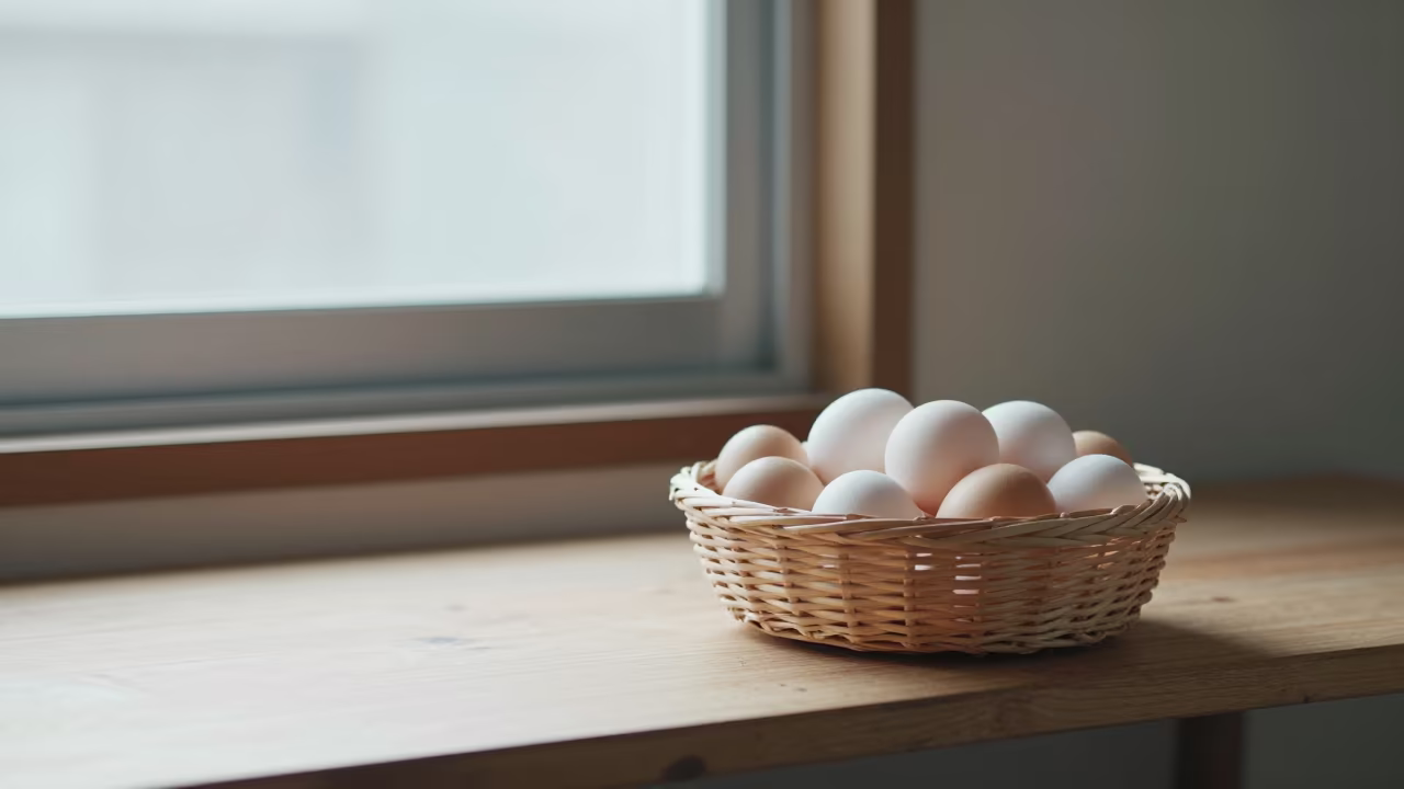 Wicker Basket of Fresh Eggs on Fukuoka Shelf in on a workshop shelf in Fukuoka