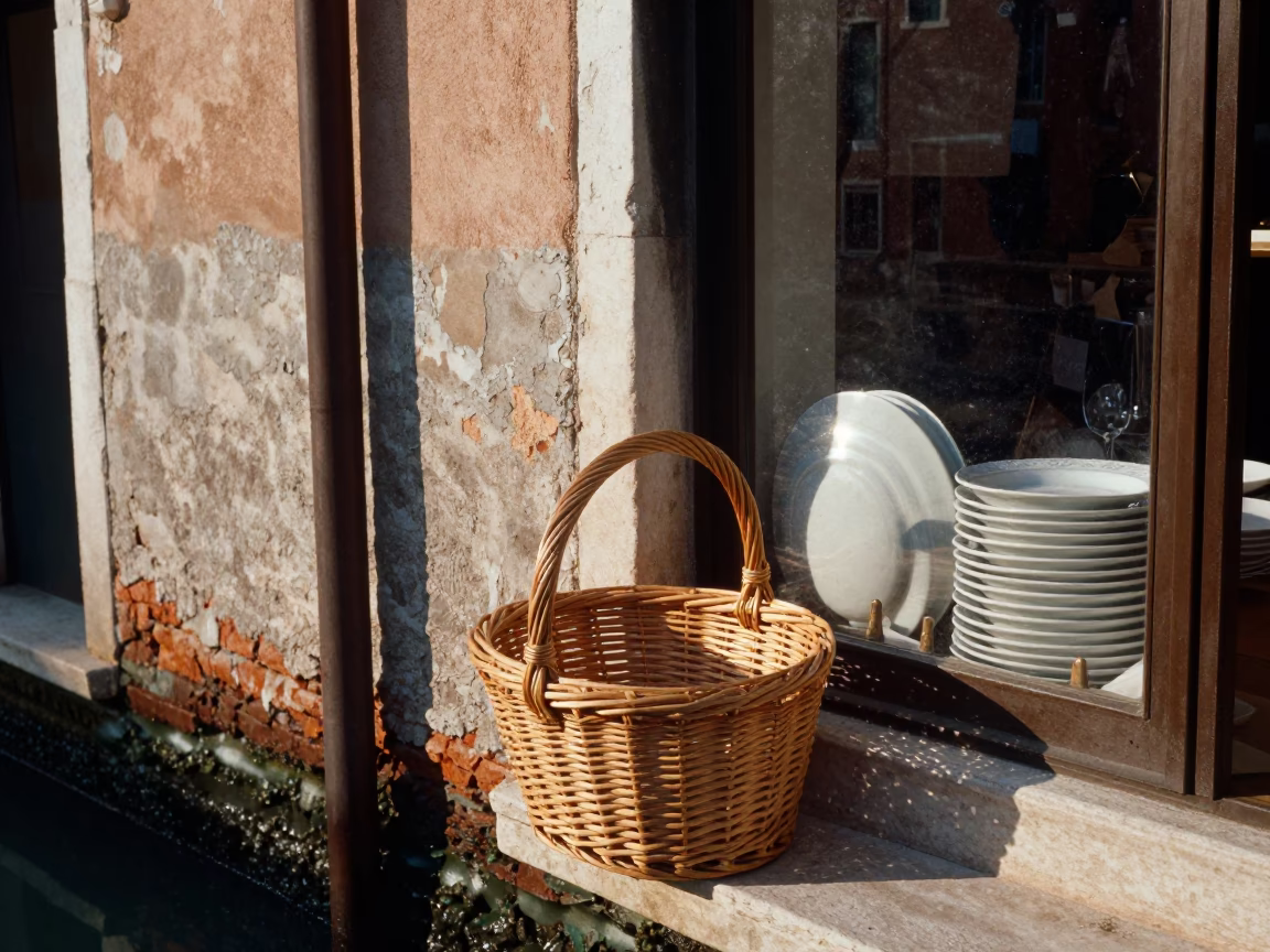 Wicker Basket in Venice at As First Light Reaches The Scene in in Venice, Italy