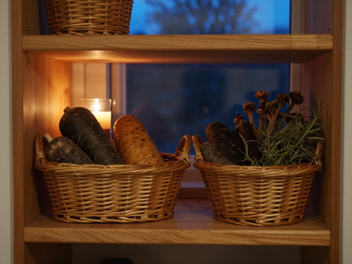 Wicker Baskets of Root Vegetables in Candlelit Pantry in in a cozy kitchen near Can Tho